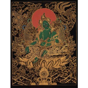Green Tara Thangka | Original Hand Painted Full Gold Style Healing Female Deity |  Healing Tara Painting | Religious Wall Decoration