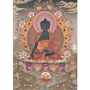 Medizin Buddha Thangka | Bhaisajyaguru Original Handgemaltes Tibetisches Heilkunst | Wanddekor Gemälde | Kunstmalerei zur Meditation & Yoga