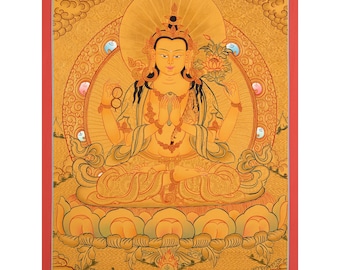 Original Hand-Painted Gold Chengrezig Thangka | Tibetan Buddhism Arts | Bodhisattva Chenrezig Painting | Perfect for Gifts | Meditation