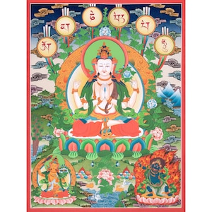 Bodhisattva of Compassion | Chenrezig with Manjushri and Vajrapani Thangka | Tibetan Buddhist Art | Spiritual Meditation Decor | Sacred Art