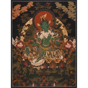 25 Inch Green Tara Painting | Sacred Tibetan Goddess Tara | Hand-Painted Arya Tara Thangka | Mother of Liberation | Female Buddhist Deity