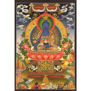 Medizin Buddha Thangka | Bhaisajyaguru Original Handgemaltes Tibetisches Heilkunst | Wanddekor Gemälde | Kunstmalerei zur Meditation & Yoga
