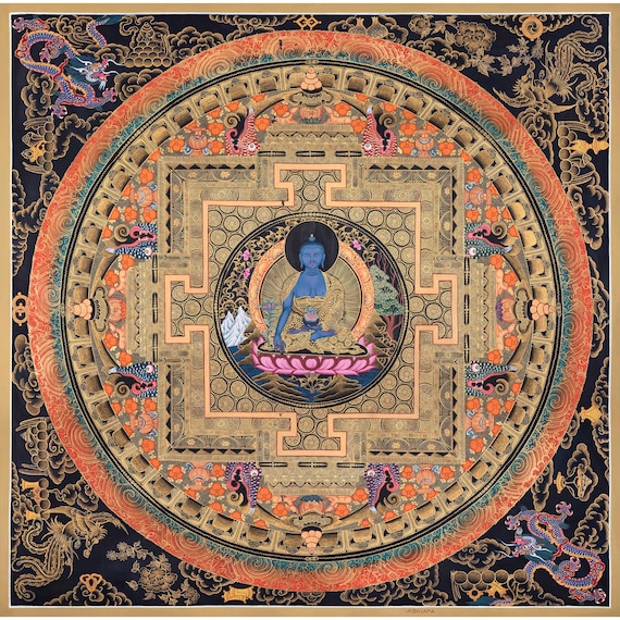 薬師如来曼荼羅タンカ画、チベット仏教美術、手作り壁掛け - Etsy 日本