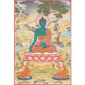 Medizin Buddha Thangka | Bhaisajyaguru Original Handgemaltes Tibetisches Heilkunst | Religiöse Malerei | Meditation | Wohndekor