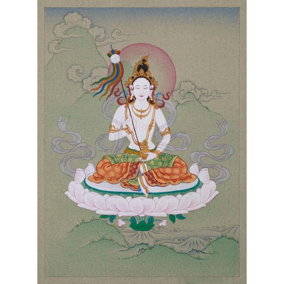 Mandarva Thangka | Déesse de la sagesse peinte à la main | épouse de Guru Rinpoché | Art tibétain sacré de 23 cm (9 po.) | Divinité protectrice | Pratique spirituelle - France