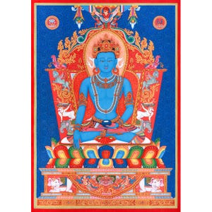 May include: A detailed painting of a seated blue figure in a meditative pose. The figure wears jewellery and a crown, set against ornate red and gold embellishments on a blue background. The artwork is framed with a red border.