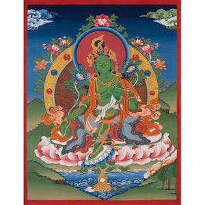 Green Tara Thangka | Original Hand Painted Tibetan Female Deity | Healing Tara Painting | Art Painting for Meditation and Yoga | Wall Decor
