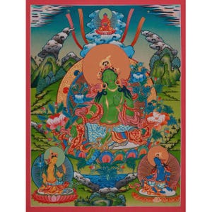 Grüne Tara Kunstwerk | Heilige Göttinnen des Schutzes & der Langlebigkeit | Handgemachte tibetische Tara Malerei | Meditationsraum Dekor
