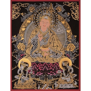Black And Gold Style Guru Rinpoche Thangka | Original Hand-Painted Padmasambhava | Wall Decor Painting |Art Painting for Meditation and Yoga