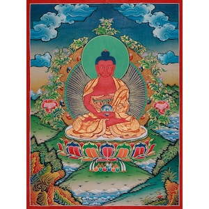 Amitabha Buddha Thangka | Original Hand-Painted Red Buddha | Art Painting for Meditation and Good Luck to house | Tibetan Arts