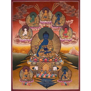 Original Handbemaltes Thangka Medizin Buddha Mit 5 Dhyani Buddhas | Bhaisajyaguru Tibetanischer Blauer Buddha | Wanddekoration