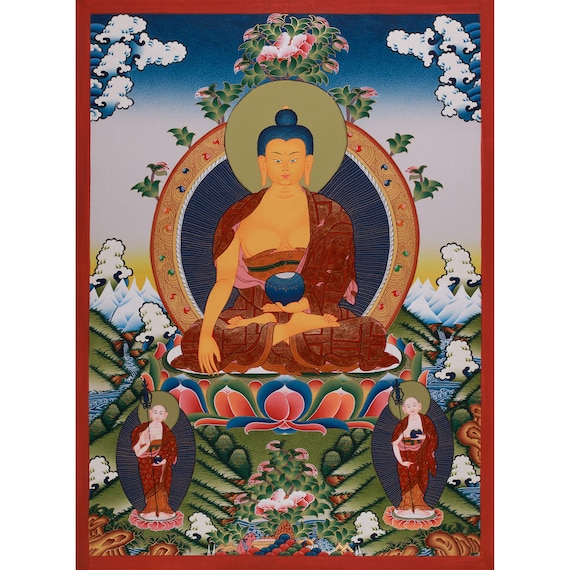 釈迦牟尼仏と弟子たちのタンカ | 手描きのチベット美術 | 知恵、悟り