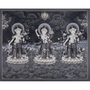 Standing White Tara, Manjushri & Green Tara Thangka Print | Newari Style Tibetan Artwork | Monochromatic Painting | Spiritual Wall Hanging
