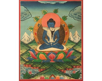 May include: A thangka painting depicting a blue-skinned deity in a seated meditative pose, embracing a pale figure. The central figures are set against a circular orange halo, a lotus base, stylized mountains, and flowing water in vibrant colors.