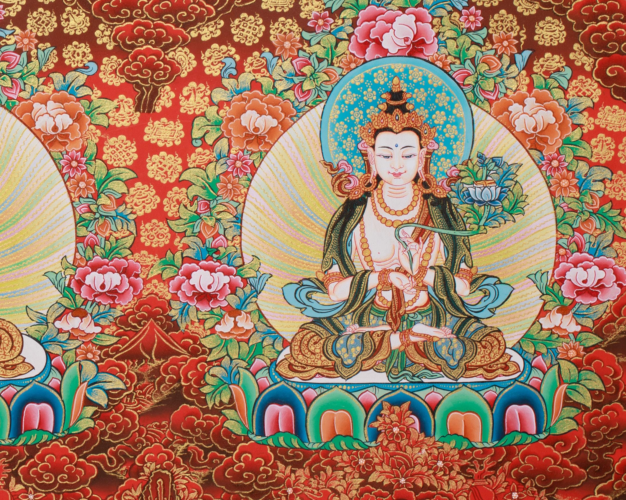 チベットの仏画　阿弥陀如来　手描き 手描きの阿弥陀如来、文殊菩薩、観音菩薩タンカ：24K金製チベット美術