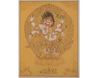 White Mahakala Thangka Painting | Six-Armed Mahakala | Gonkar Tibetan Buddhism | Traditional Himalayan Arts | Spiritual Room Decoration