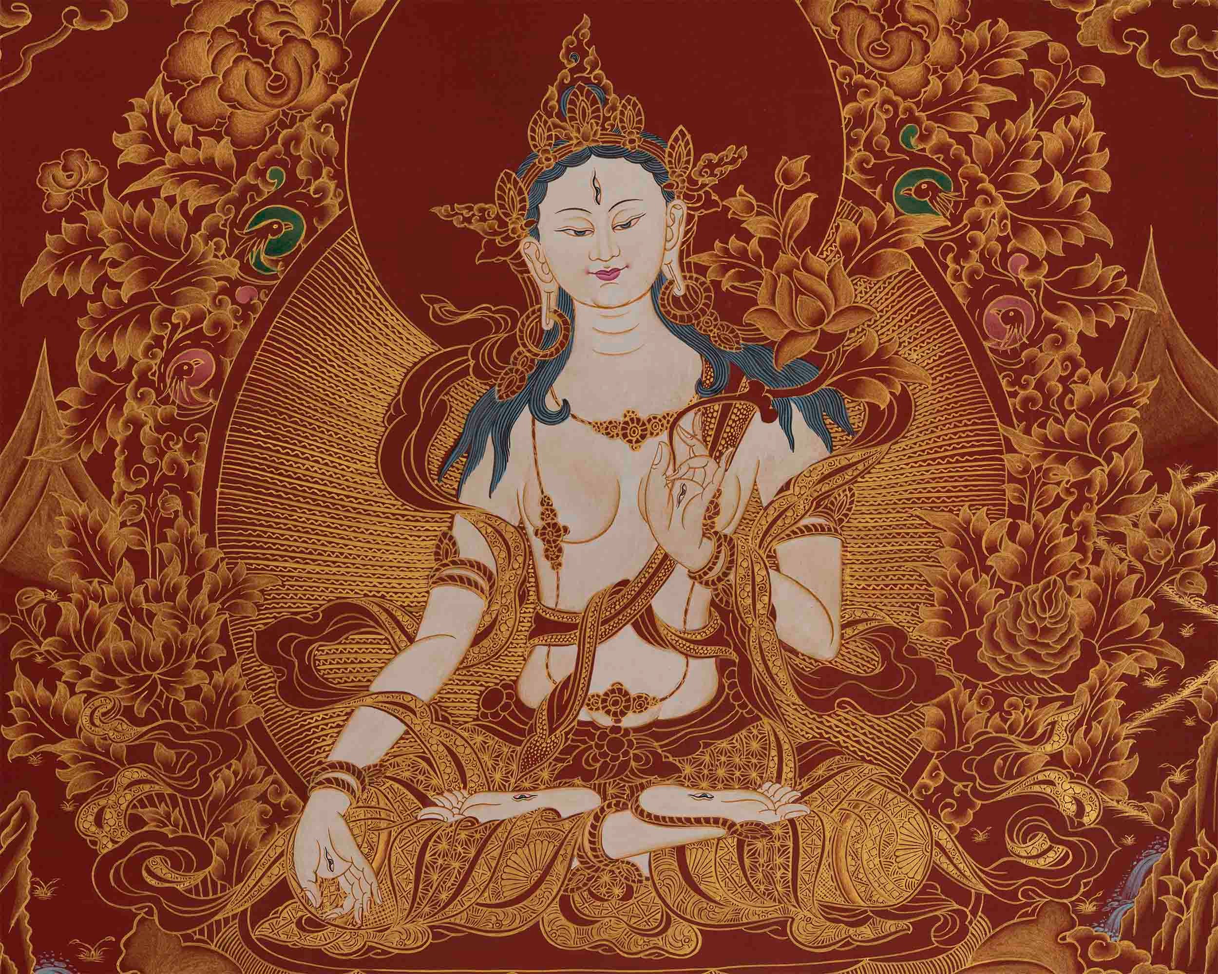赤い背景に白いターラ菩薩 | 女性菩薩のタンカ絵画 | 仏陀の母 | 慈悲
