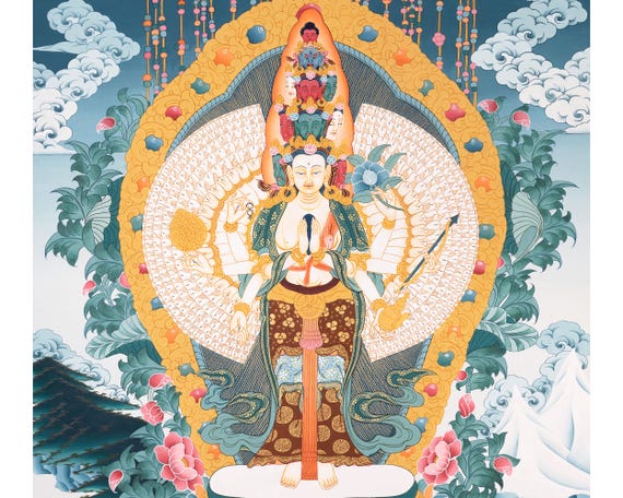 千手観音菩薩｜オリジナル手描きチベットタンカ｜慈悲と知恵の神