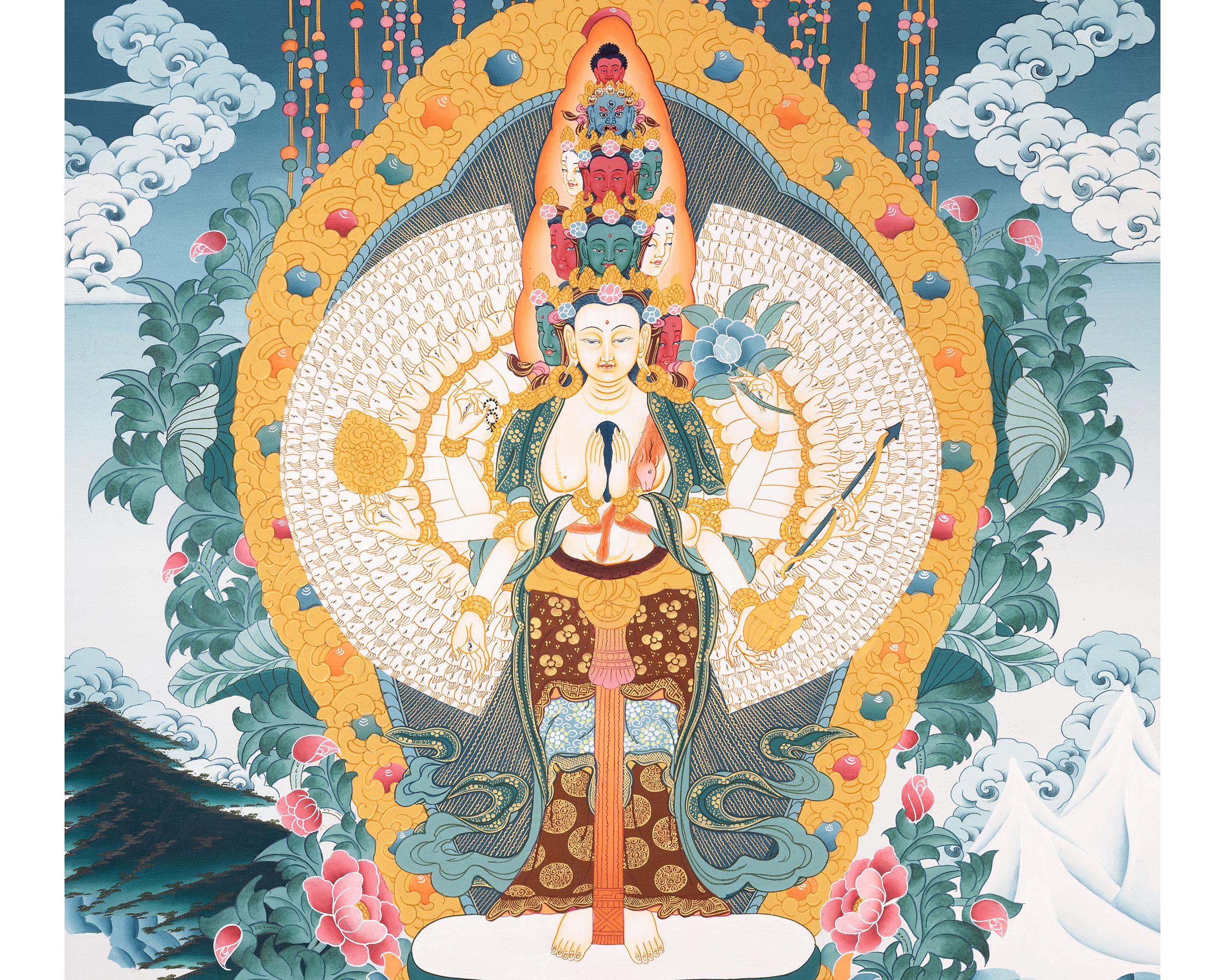 千手観音菩薩｜オリジナル手描きチベットタンカ｜慈悲と知恵の神