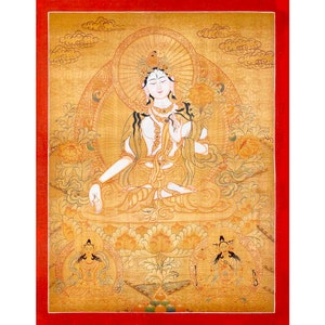 Full Gold Style White Tara Thangka Painting | Original Hand-Painted Female Bodhisattva Art | Wall Hanging Yoga Meditation Canvas Art