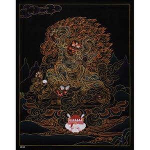 May include: A Tibetan Buddhist painting depicting a deity with multiple arms and eyes, riding a tiger. The deity is surrounded by flames and clouds, and is holding a variety of weapons and implements. The painting is done in a traditional style, with intricate details and vibrant colors.