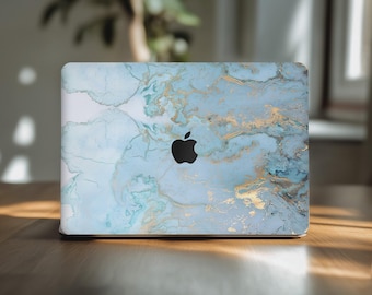 MacBookスキン エセリアルマーブル 15.6インチ M2 M3 A3114 デカール ブルー Mac Book Air 13 ユニークカバー M4 16インチ 14インチ 2025 ステッカー A3240 ゴールド装飾 M1