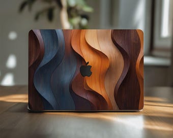 波状の木目調 MacBook スキン Air 13 13.3 13.6 14 インチ Pro 15 16 インチ M4 M3 M1 Apple トラックパッド スリム ラップ カバー 2026 2021 A2681 A23338 抽象デザイン