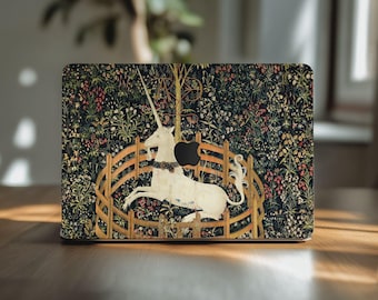 ユニコーン捕獲 MacBook Air デカール 13 14 インチ Pro 15 16 インチ M5 M4 M3 MAX ビニールスキンカバー 2024 2022 A3434 A2442 中世風花柄デザイン