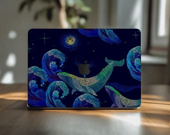 Blauwe Walvis sticker 16 inch MacBook cover oceaan golven geïllustreerd 15 inch skin neo M4 M3 M2 13 2022 kwaliteitssticker MacBook Air 2025 14 M1 Max