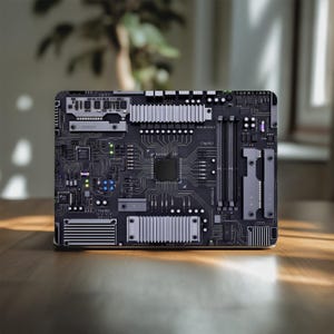 May include: A close-up of a computer motherboard, showcasing intricate circuitry, chips, and heat sinks. The board is predominantly dark grey with silver and black elements, giving a technological appearance. It features RAM modules and a central processing unit, highlighting its complexity.