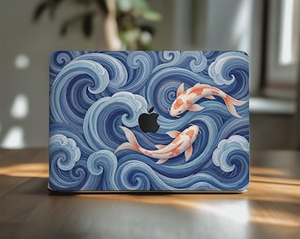 日本の鯉のMacBook Proスキン 14 15 16インチ Air 13 13.3 13.6インチ M3 M2 Appleビニールトラックパッドデカールカバー 2022 2020 A2992 A2141 グレートウェーブ
