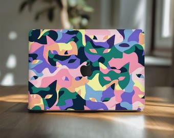 抽象的な猫の迷彩柄 MacBook スキン Air 13 14 15 インチ Pro 16 インチ M5 M4 M1 Apple スリム トラックパッド デカール カバー 2025 2023 A3403 A2141 マルチカラー