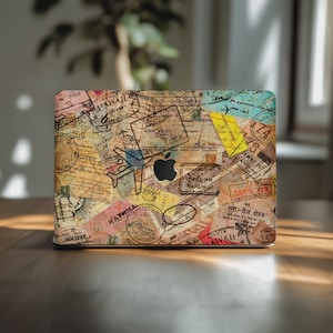 Travel stamps vintage macbook skin collage mac book M2 M3 M4 16 pro 2022 mac air 13.3 sticker decal 14 inch laptop cover 15 in 2025 M1 A2442