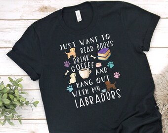 Camisa labrador divertida, hombres mujeres, labrador regalo amante, camiseta labrador, tapa de Labrador, linda camiseta gráfica labrador, café, libro, bookish.