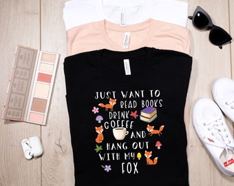 Fox T Shirt, Great Fox Lover Gift For Women and Men, Cute Fox Graphic, Coffee, Books, Bookish