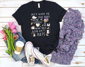 Camiseta de rata divertida, hombres de mujer, regalo amante de la rata, gráfico de rata lindo, camiseta de la rata, camiseta de rata, camiseta exótica de la mascota, café, libro, libro
