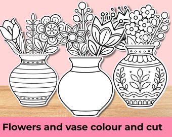 Manualidad de jarrón de flores 3D, colorear, recortar y ensamblar (PDF)