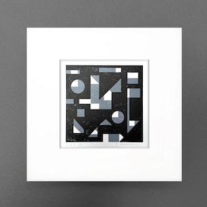 Stampa originale su legno, 250 x 250 mm, nero e grigio su carta da 300 g/m², arte di metà secolo