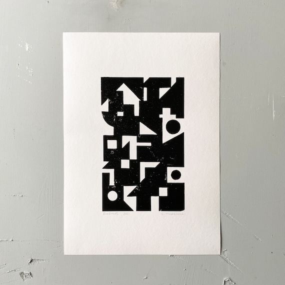 Original block print, Black and White on 270gsm A3 paper, Mid-Century art