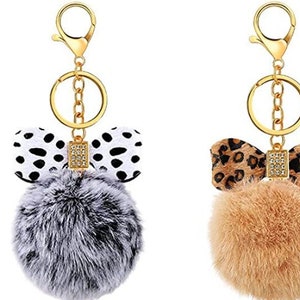 Hicarer 12 Pieces Fluffy Pom Pom Keychain Bulk Bow Rhinestone Faux Pompoms  Keyring for Girls Women Bags Craft, 12 Colors