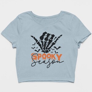Halloween Crop Top, Spooky Season Halloween Party Crop Top, Hollows' Eve Fall Custom Cropped Top, Punk Rock Devil Horns Halloween T-shirt