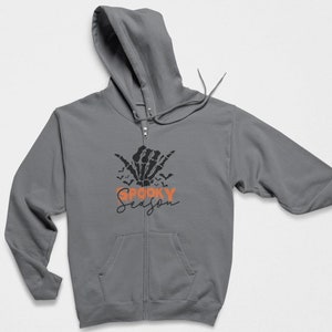 Full Zip-Up Halloween Sweatshirt, Spooky Season Graphic Hoodie, Hollow&#39;s Eve Sweatshirt With Zipper, Punk Rock Devil Horns Hooded Sweater