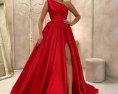 Gorgeous one shoulder satin prom slit dress, bridesmaid slit dress