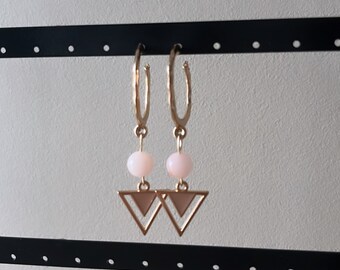 Gold Cherry Blossom Agate Gemstone Earrings with Triangular Enamel Charm