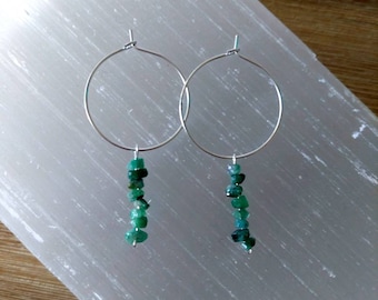 Silver Raw Emerald Dangle Hoop Earrings