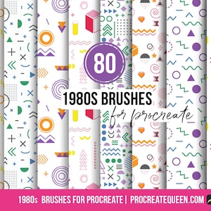 May include: A set of 80 digital brushes for Procreate, featuring a variety of geometric patterns in bright colors, inspired by the 1980s.