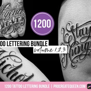 Beletteringbundel Volume 1, 2 & 3, tattoo belettering, tattoo stempels, tattoo procreate, tattoo procreate penselen, procreate penselen, tattoo