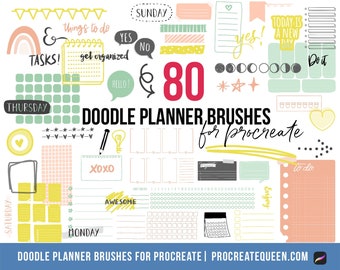 80 Doodle Planner Pinsel: Procreate & Goodnotes Stempel Pinsel (Digitaler Download)