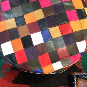 Moroccan patchwork multicoloured handmade leather Pouffe footstall seat
