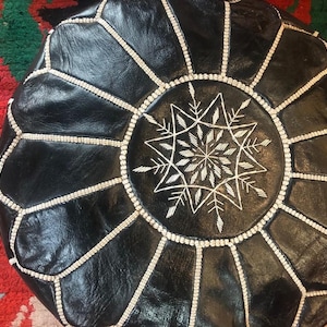 Handmade Black embroidered hand stitched Moroccan leather Pouffe footstool seat